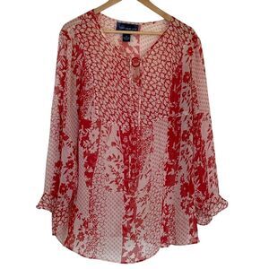 Susan Bristol Womens Popover Blouse 1X Red‎ White Sheer Long Sleeve Red White